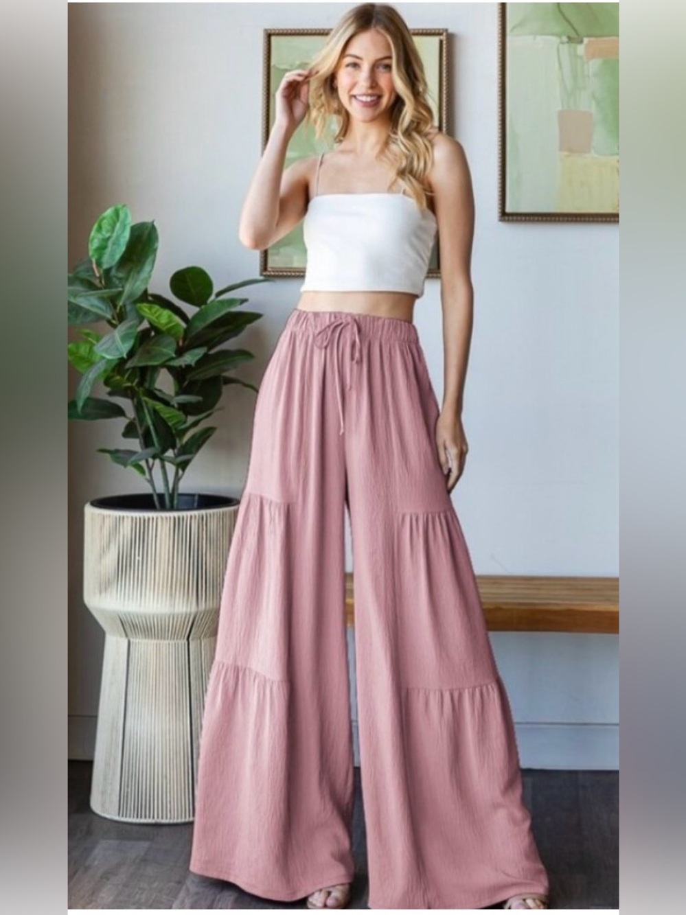 #1266 Heimish Wide Leg Tiered Drawstring Pants - Mauve (1st pick)